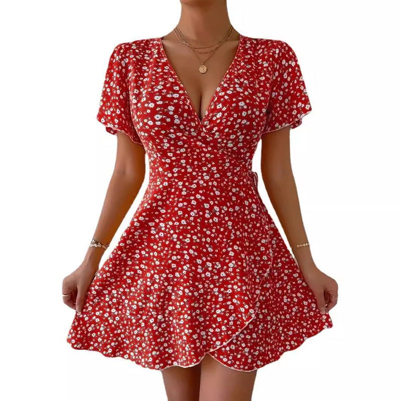 Floral Tie-neck Waist Trimming Dress - WOMONA.COM