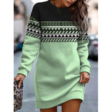 Printed Contrast Color Round Neck Sweater Dress - WOMONA.COM