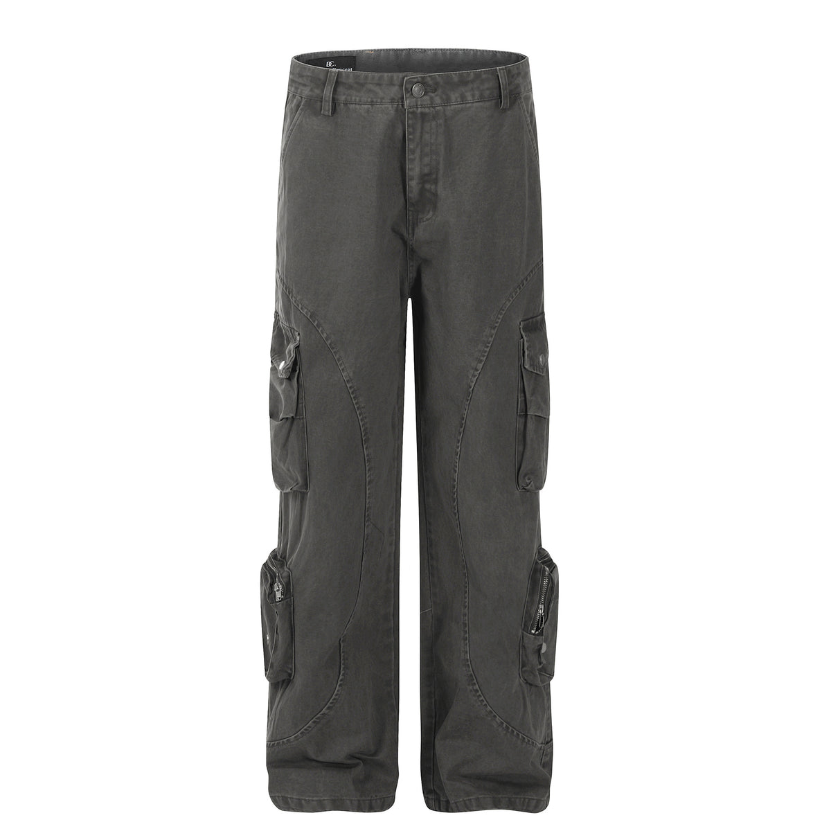 Men’s loose gray cargo pants with multiple leg pockets and relaxed wide straight cut