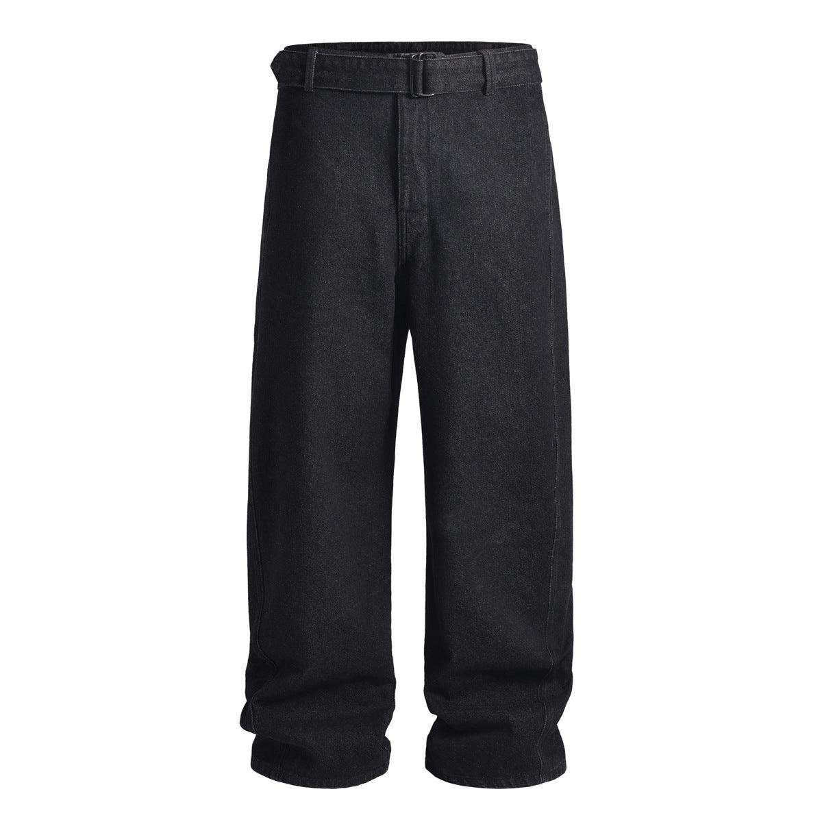 Wide-leg black denim jeans with front fly, belt loops, pleated front