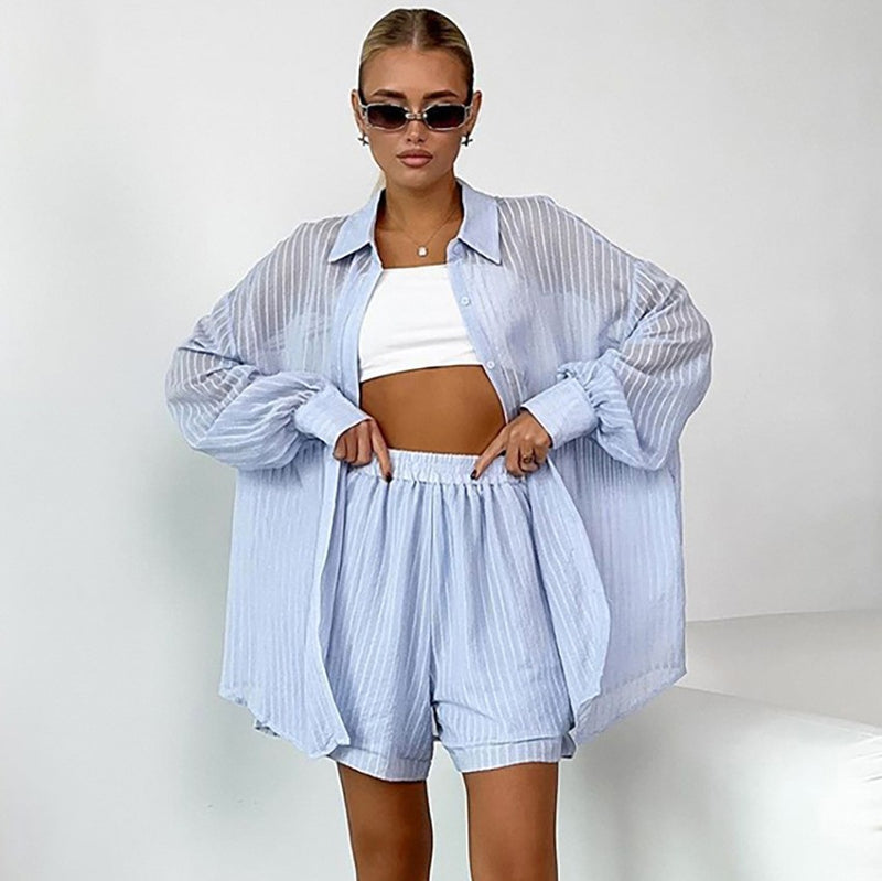 Women's Fashion Casual Long Sleeve Cardigan Shorts Suit - WOMONA.COM