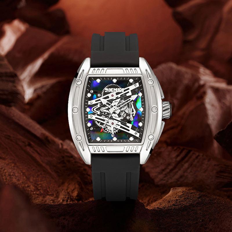 Men's luminous quartz watch with silver case and black silicone strap