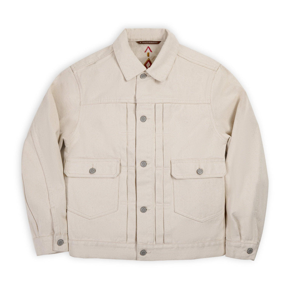 Beige denim jacket coat with pointed collar, button placket, and flap chest pockets
