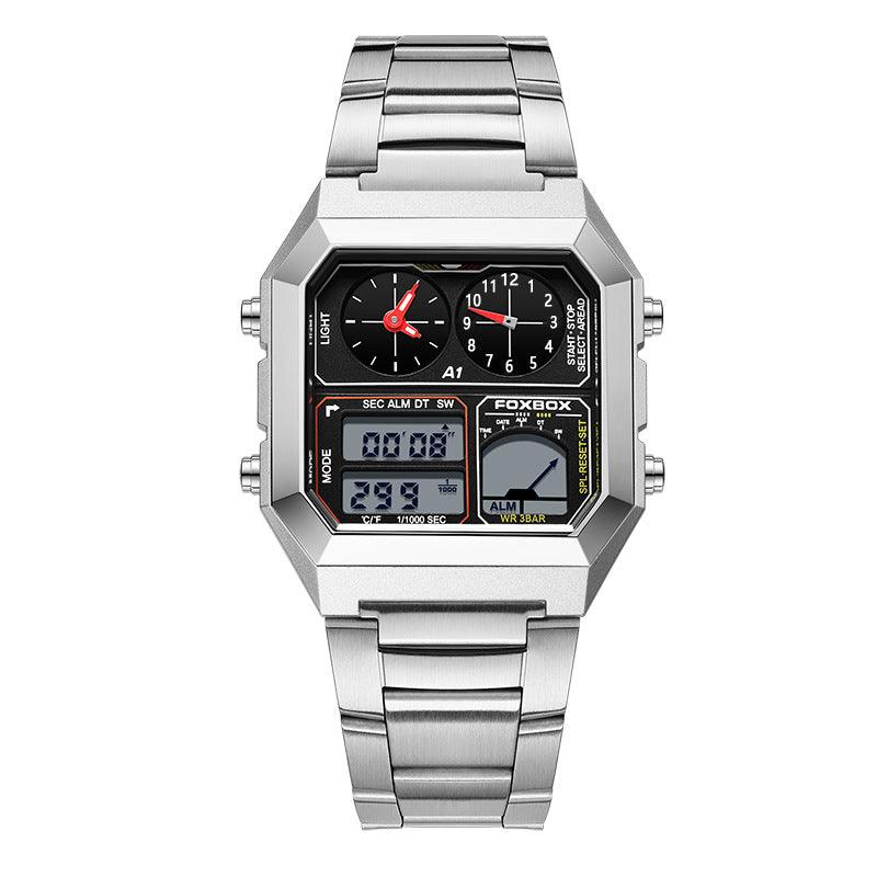 Silver sports chronograph watch with black dial, dual digital displays, metal bracelet