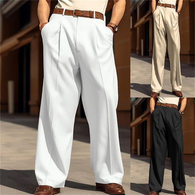 Men's white wide-leg straight pants with front pockets and relaxed drape