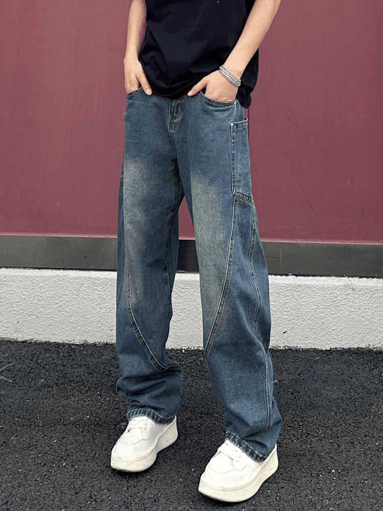 Men's wide-leg denim jeans in light blue with an oversized side pocket on one thigh