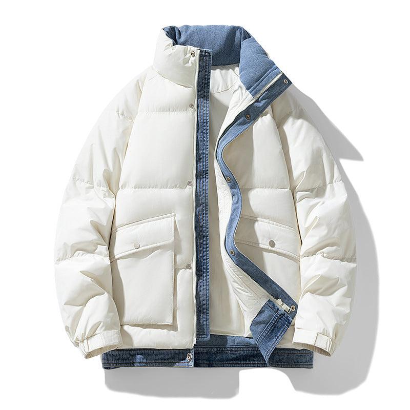 White down jacket with stand-up collar, full zip, blue denim-style trim and pockets