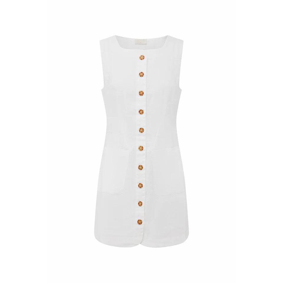 White sleeveless cotton dress with round neck, gold buttons, and front placket