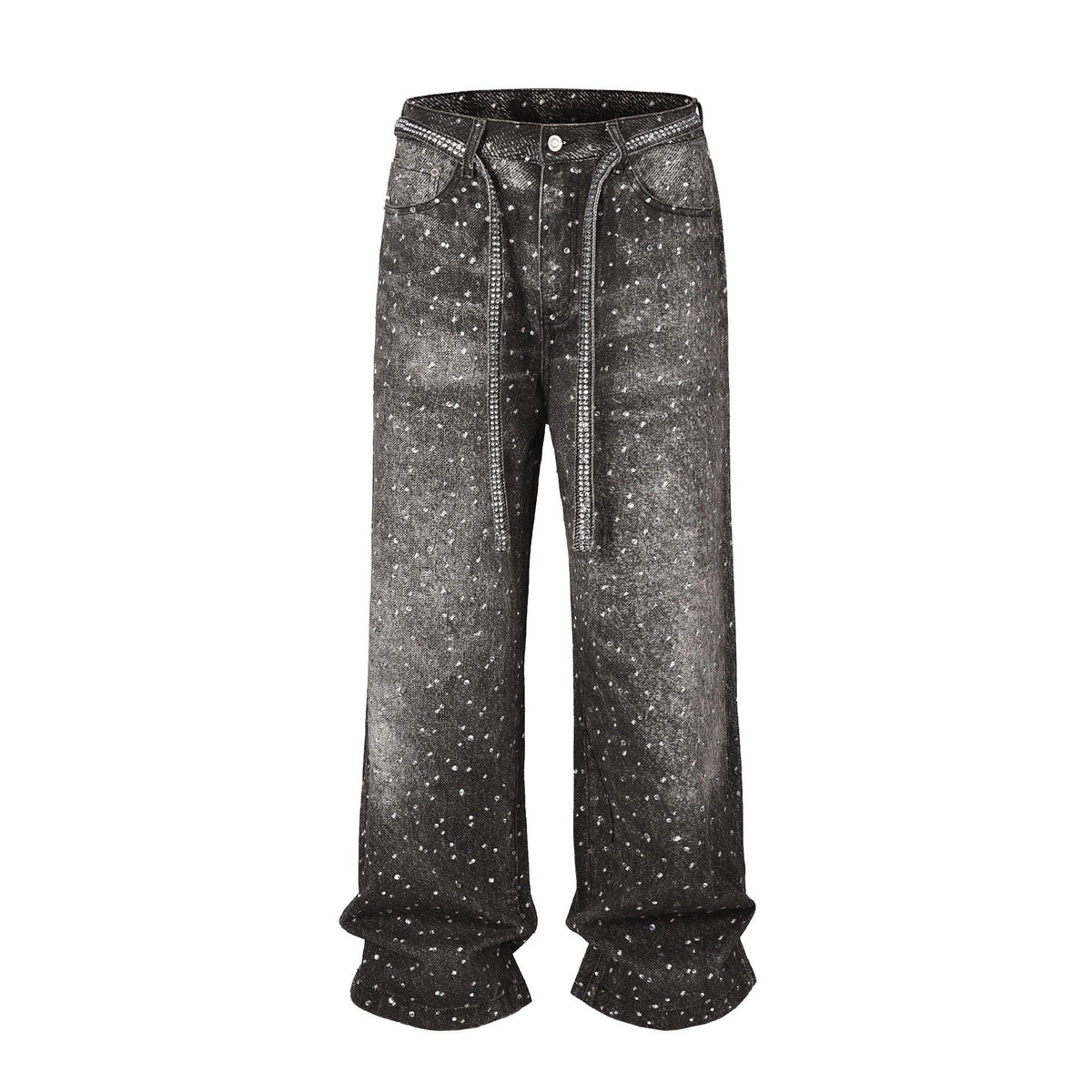 Black wide-leg diamond-printed denim jeans with drawstring cuffs