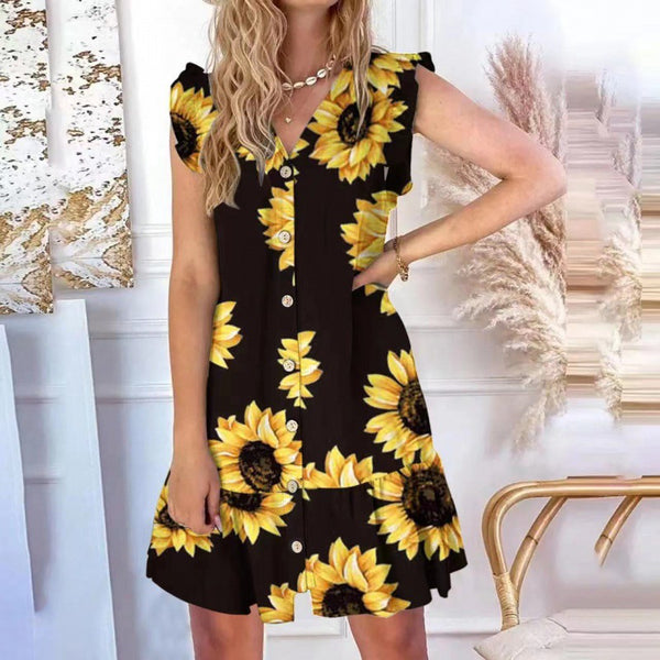 V-neck Loose Print Dress Women - WOMONA.COM