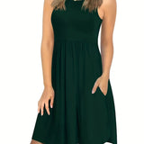 Round Neck Sleeveless Vest Pocket Dress - WOMONA.COM