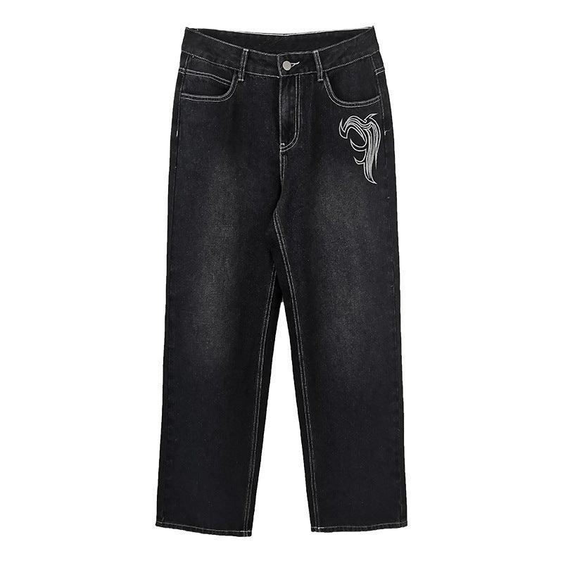 Black washed straight jeans, high waist, five-pocket style, flame emblem patch