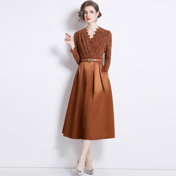 V-neck Waist-controlled Lace-up Large Swing Dress - WOMONA.COM