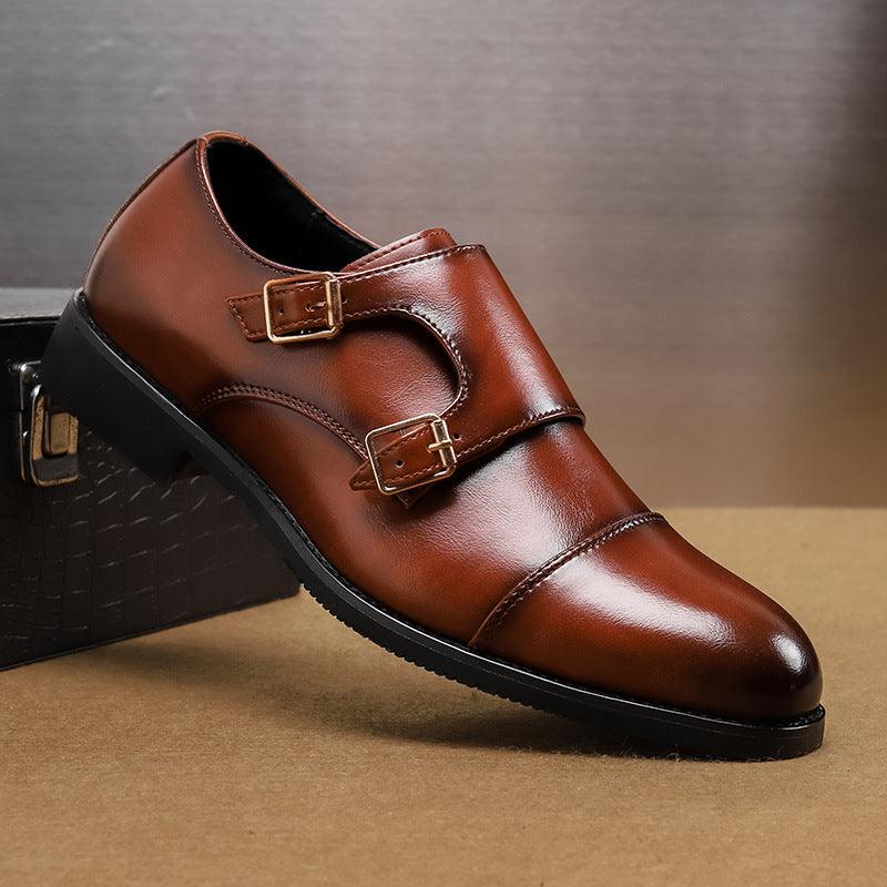 Brown leather monk strap dress shoe with double buckle and black sole, side view