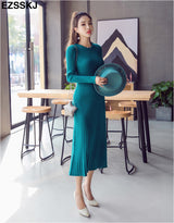 Round Neck Knitted Long Sleeve A- Line Dress Winter Warm Skirt - WOMONA.COM