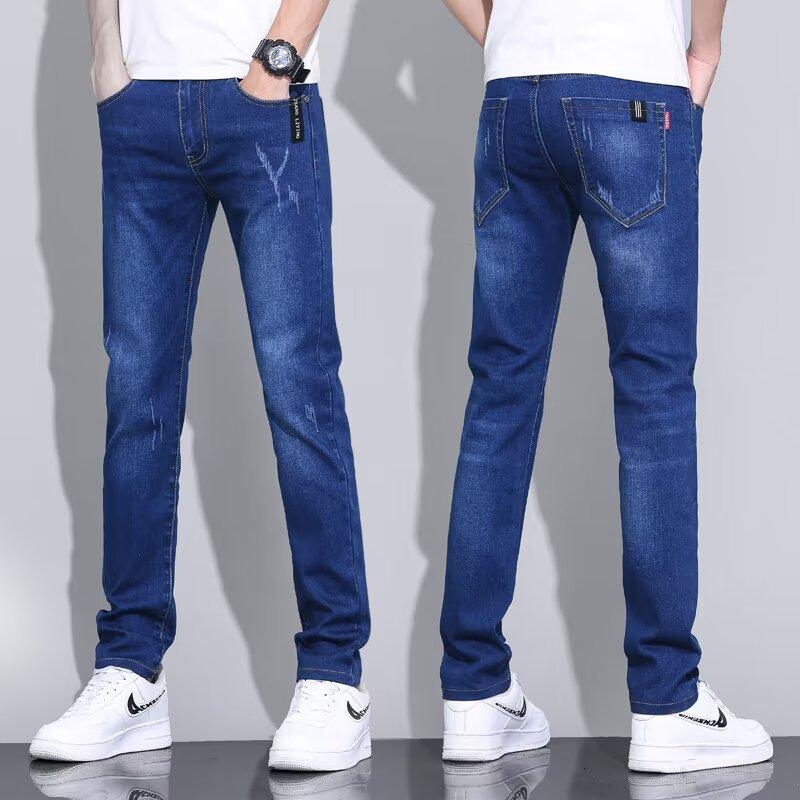 Men's dark blue washed jeans, straight leg, five-pocket, zipper fly, belt loops