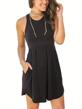 Round Neck Sleeveless Vest Pocket Dress - WOMONA.COM