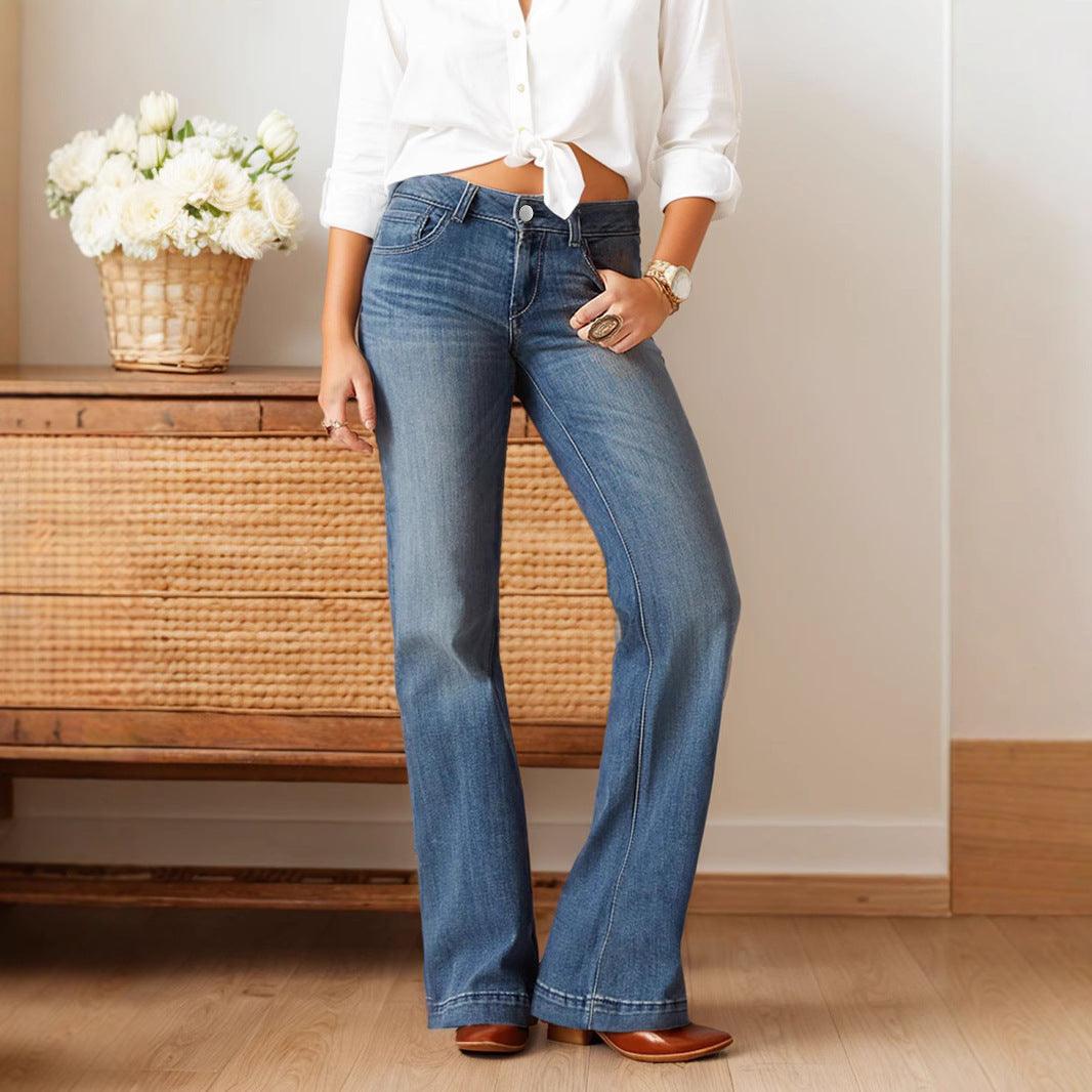 Women’s slim-fit blue jeans, button-and-zip fly, five pockets, belt loops