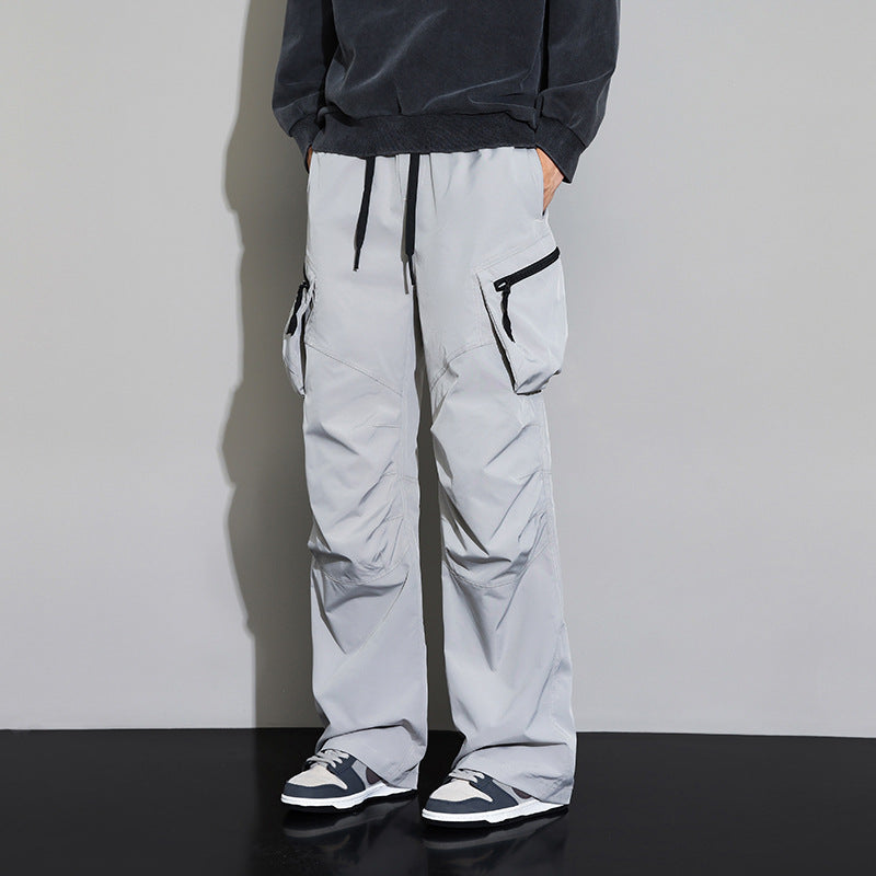 Men's light gray tactical cargo pants with drawstring waist and side pocket