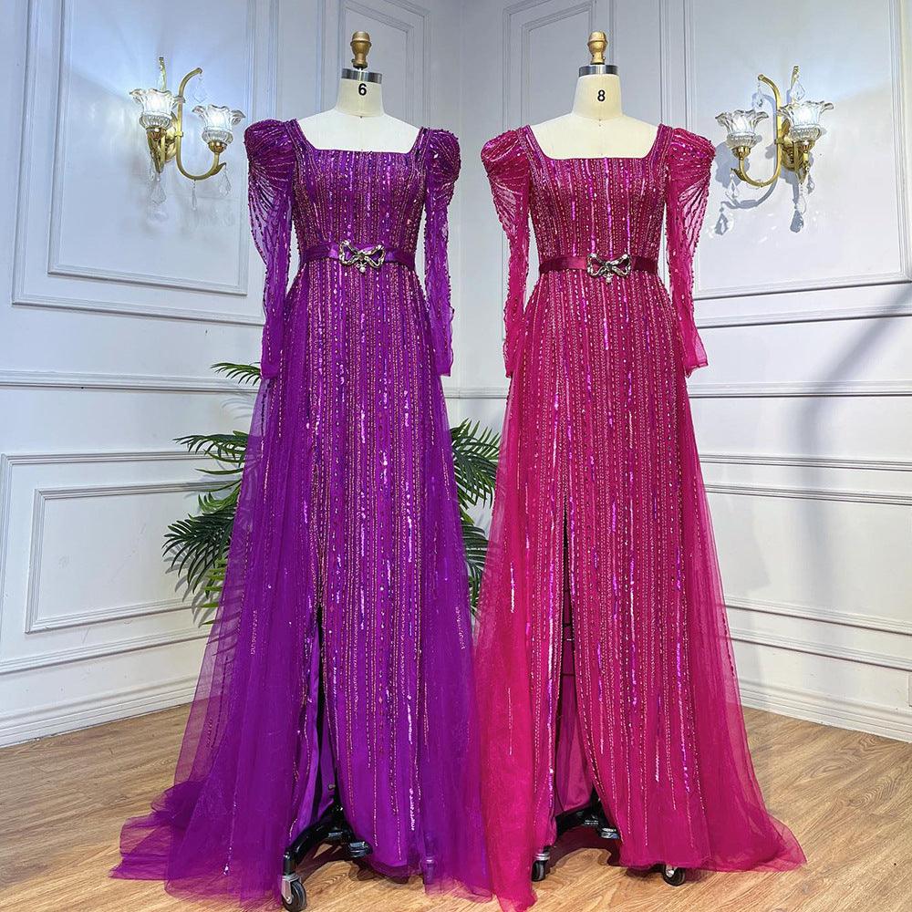 Sequined evening dresses: purple and rose red, square neckline, long sheer sleeves