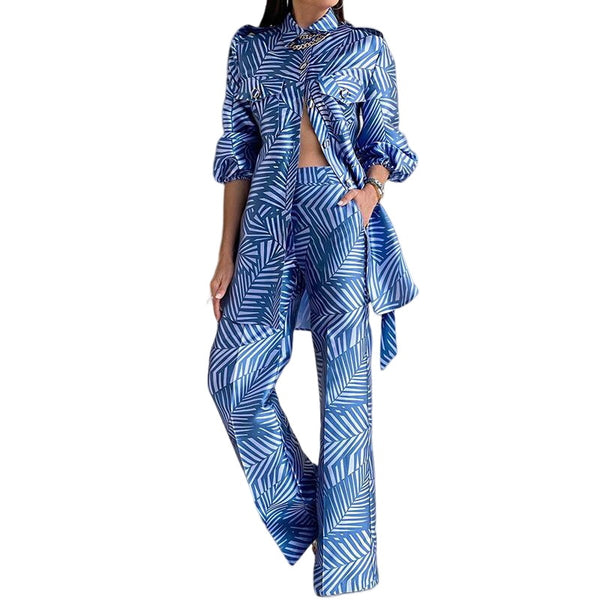 Women's Printed Cardigan Straight-leg Pants Suit - WOMONA.COM