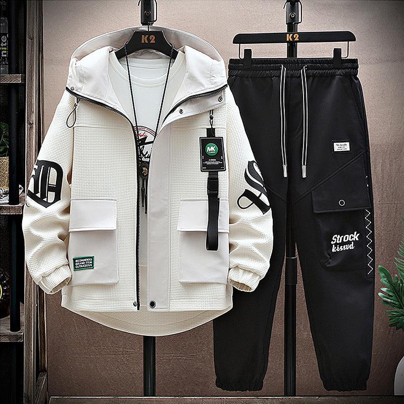 White zip-up hooded utility jacket with front pockets and black drawstring jogger pants set