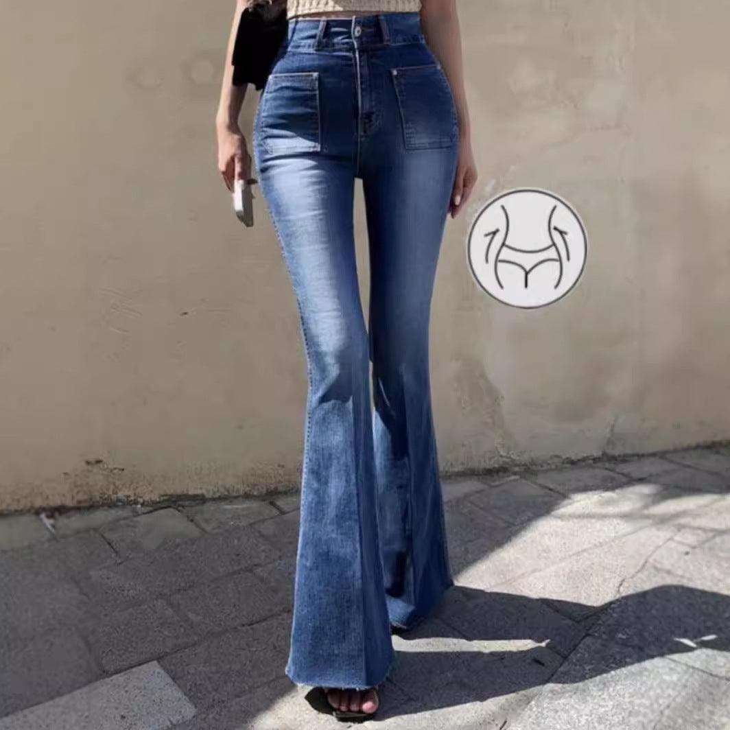 High-waist denim flared pants in medium blue wash, front and side view