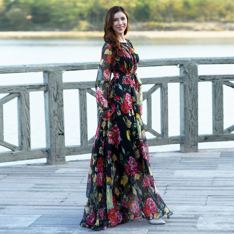 Chiffon Long Sleeve Loose Show Thin Black Long Dress - WOMONA.COM