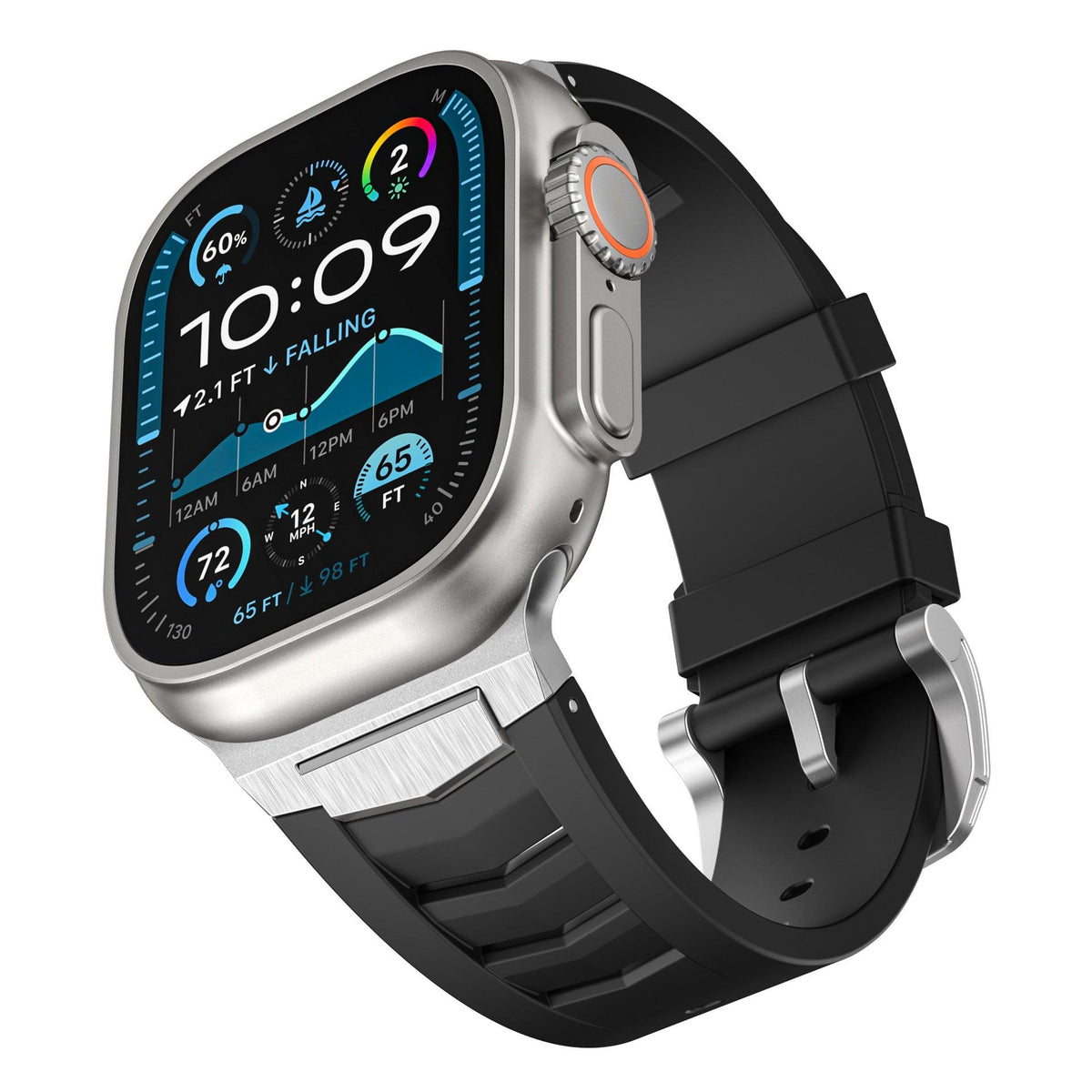 Black sports watch strap with silver buckle and perforation holes