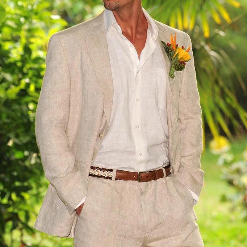 Beige two-piece suit with white shirt, brown belt, floral boutonniere on lapel.