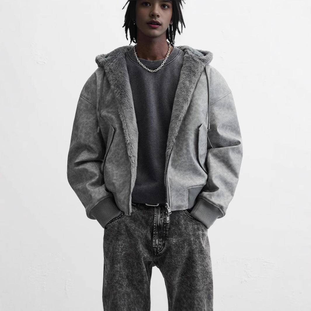 Gray hooded bomber jacket with zip front and faux leather-look, relaxed fit