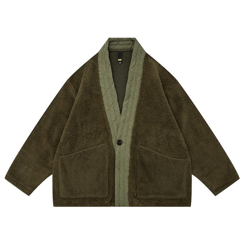 Olive green V-neck polar fleece jacket with contrast quilted front and button placket