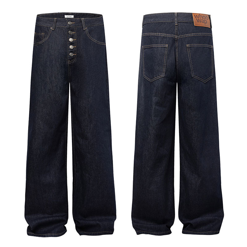 Dark wash wide-leg denim jeans, front and back views, with button fly and patch pockets