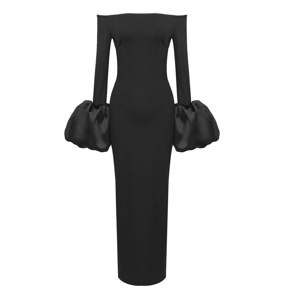 Black slim-fit off-shoulder long dress with puff lantern sleeves, back view