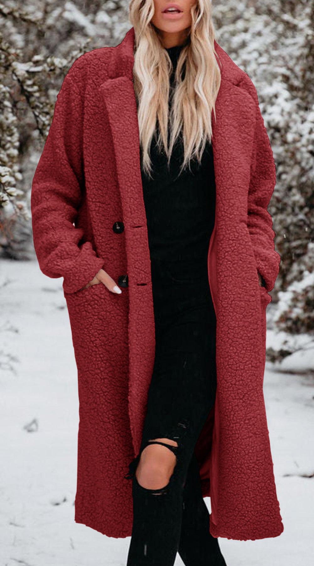 Women’s plush long-sleeve lapel top in burgundy red, button-front long coat with lapels.