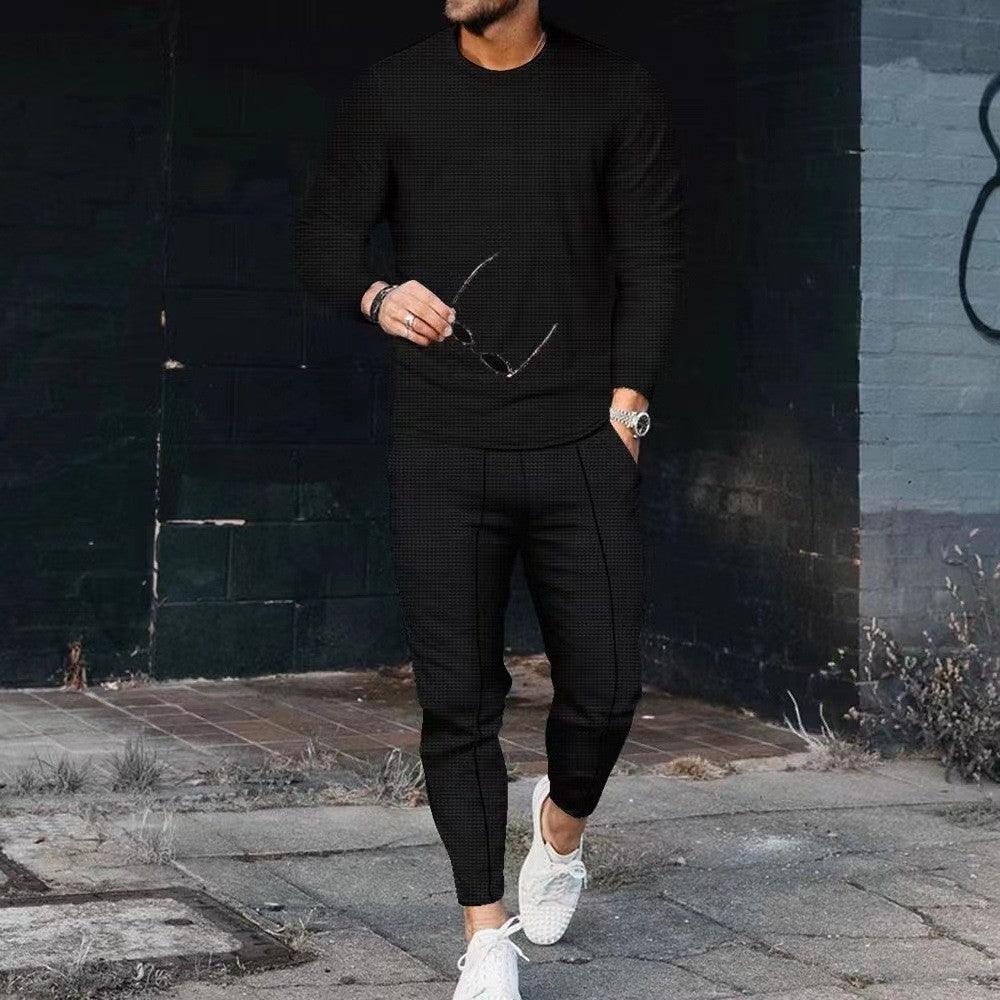 Men's Casual Waffle Long Sleeve Round Neck Suit - WOMONA.COM