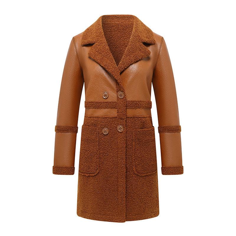Women's brown leather top back view with belted waist and buttoned shoulder epaulets