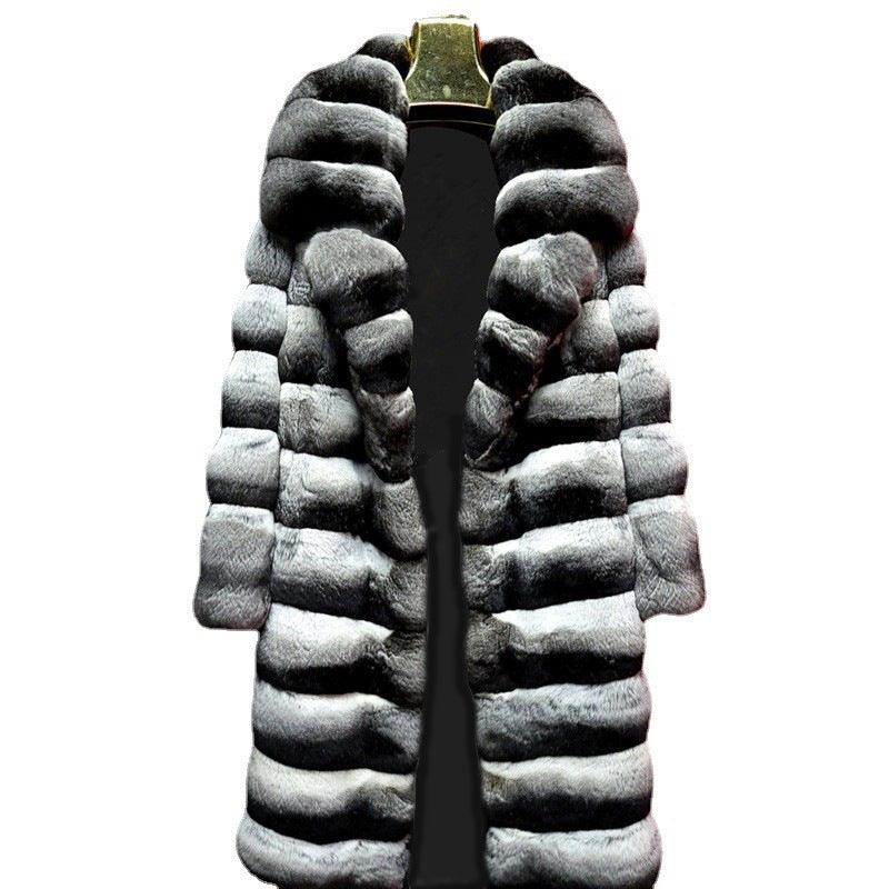 Men’s faux mink zebra-striped coat, open front, plush collar-less shag texture.