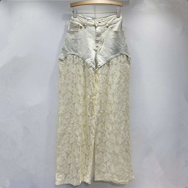 Light apricot wide-leg jeans with lace-look front panels and button closure