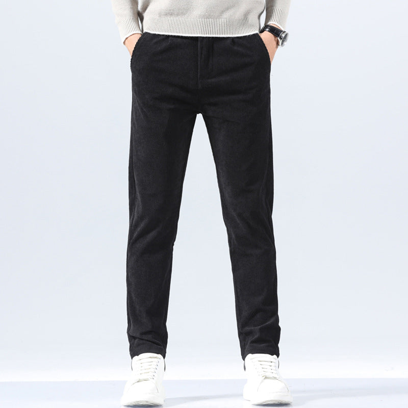 Black corduroy casual pants with straight-leg fit and button closure