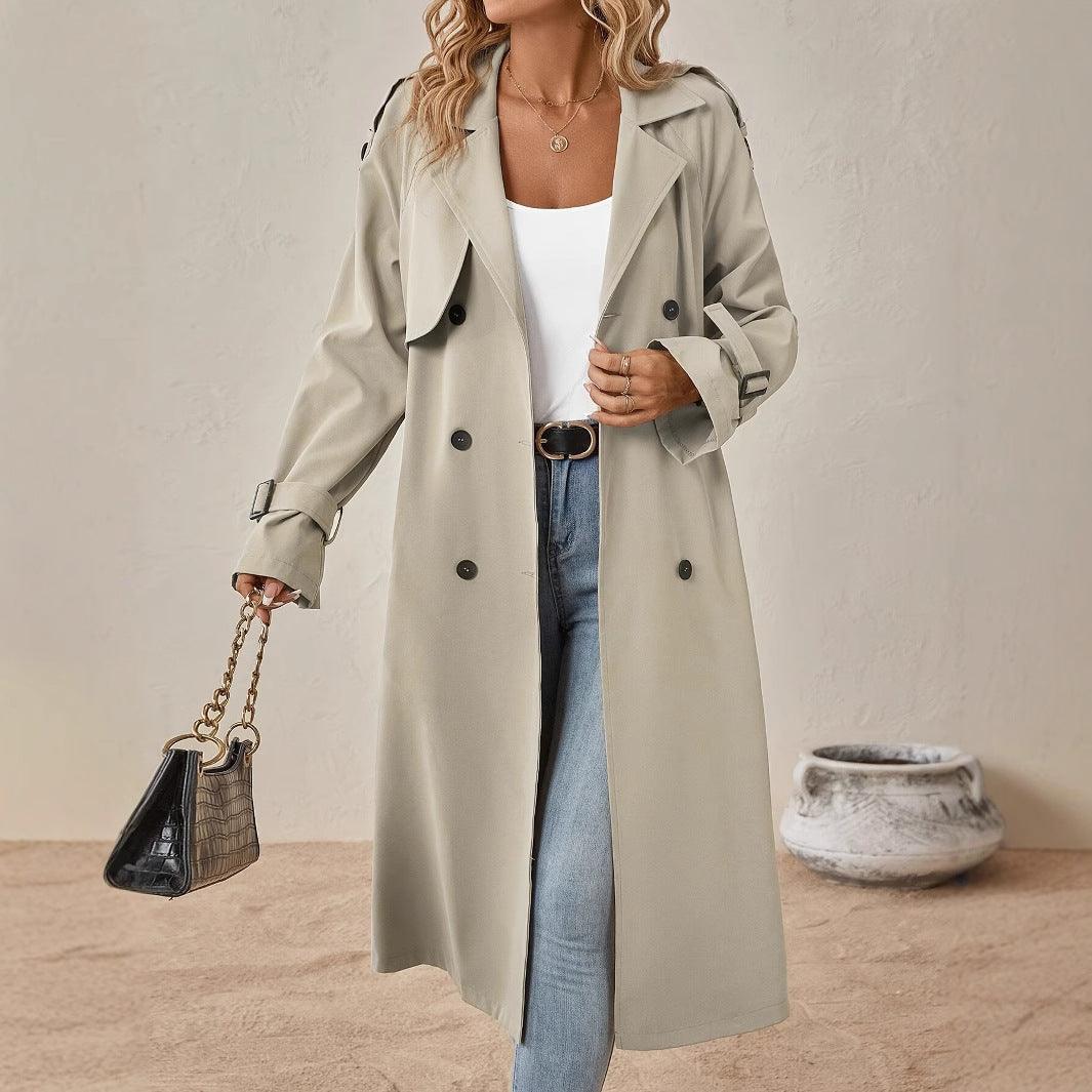 Women's khaki belted trench coat, double-breasted with lapel collar