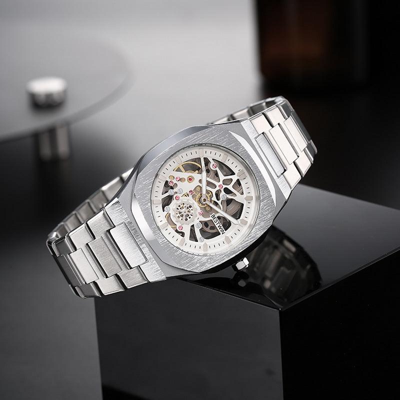 Men's fashion alloy watch with silver-tone metal bracelet and open-heart skeleton dial