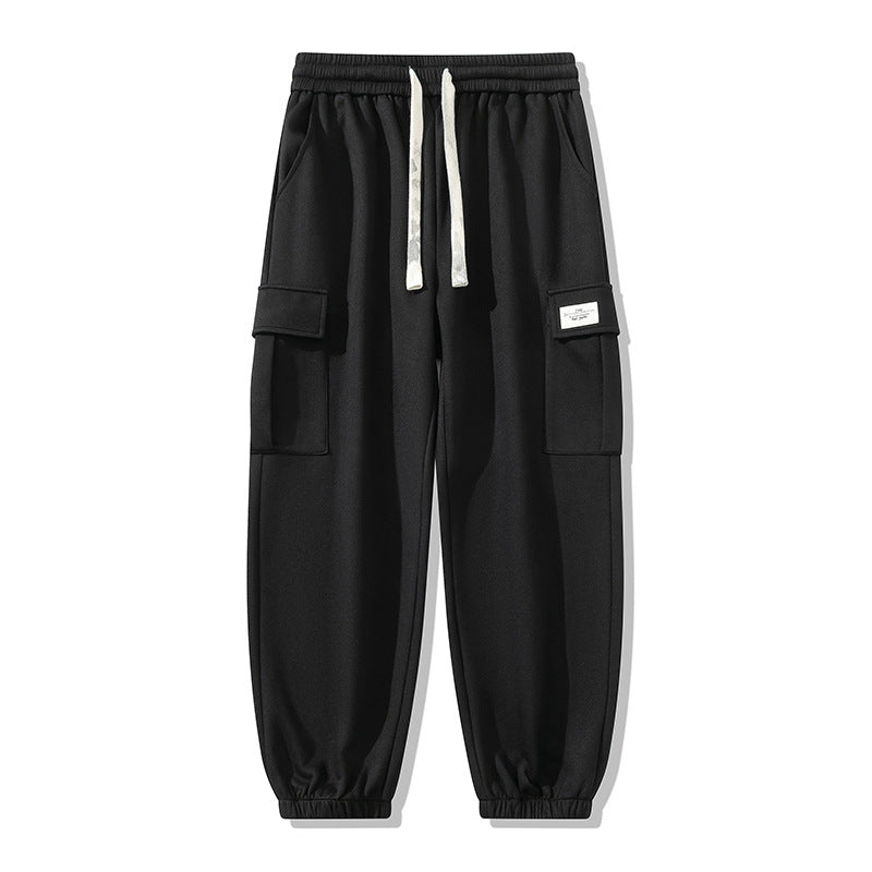 Black ankle banded cargo slacks with drawstring elastic waistband and side pockets