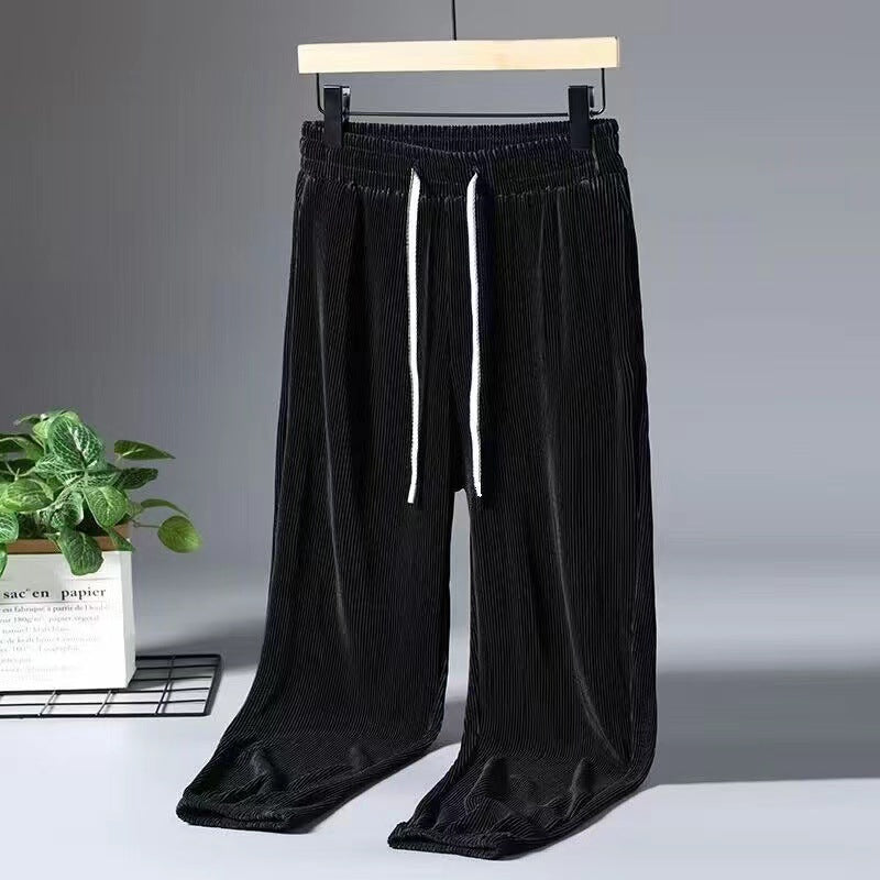 Men's striped sports trousers, black loose pants with drawstring waist and elastic hem