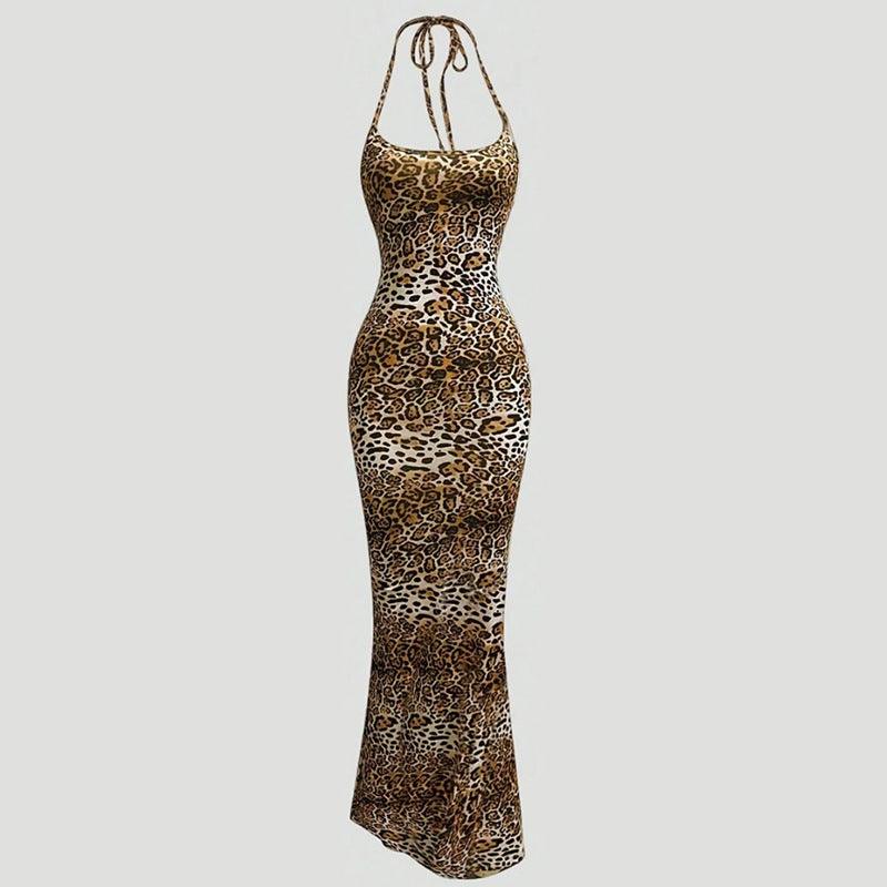 Leopard print slim-fit dress with exposed back and thin spaghetti straps