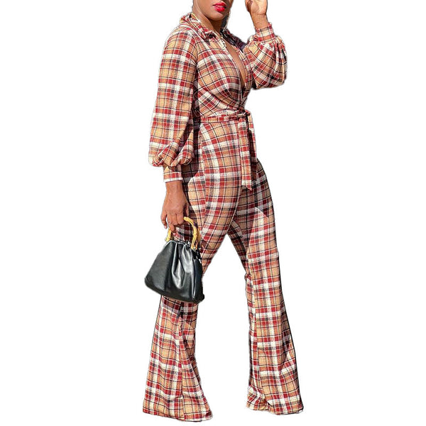 Fashion Women's Wear Long Sleeve Printed Checks Suit - WOMONA.COM