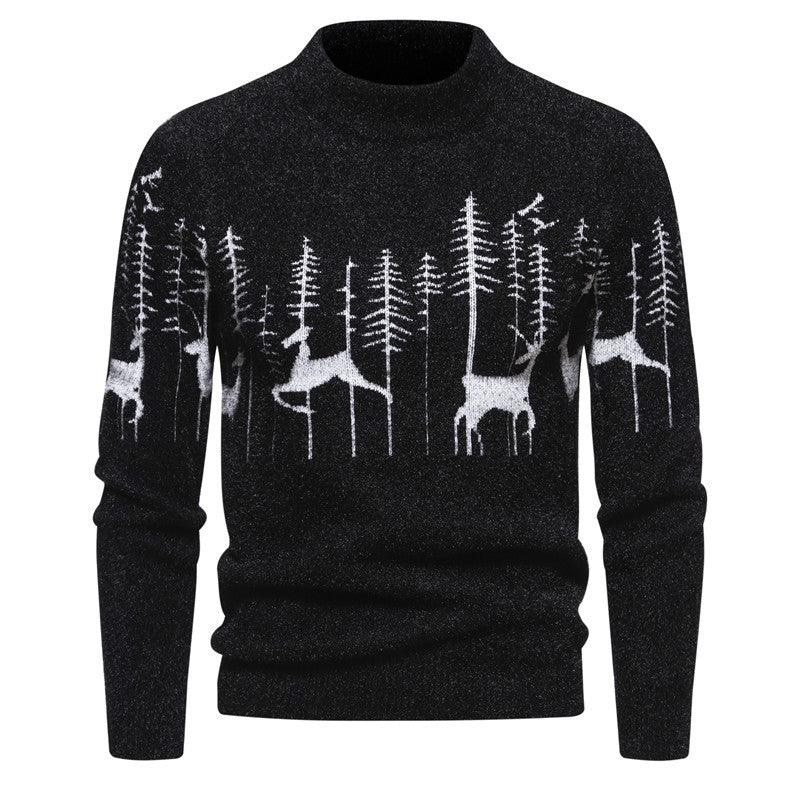 Warm Deer Printed Round Neck Sweater - WOMONA.COM