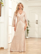 Gold Sequin Slim Fishtail Bridesmaid Banquet Evening Dress - WOMONA.COM