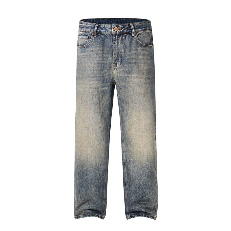 Washed blue denim jeans with stitched waistband, belt loops, and straight legs