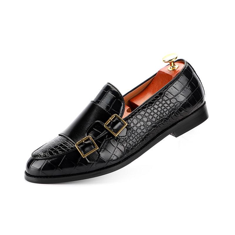 Men's leather loafer shoes with black croc texture and gold buckle straps